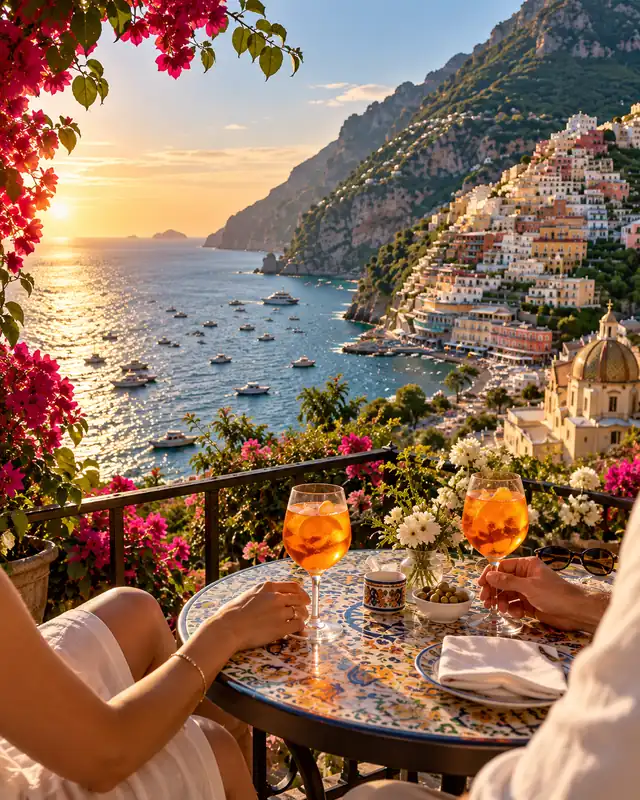 Terraza con vista a Positano al atardecer